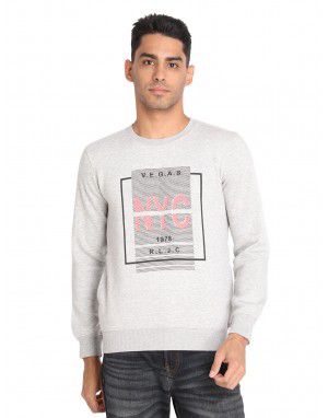 Men Cotton Blend Center Design Sweatshirt Grey